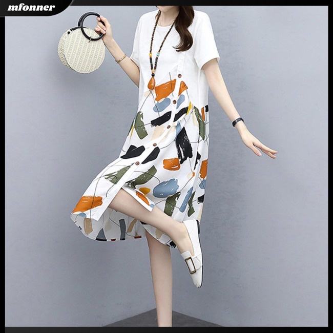 Đầm Dáng Chữ A Tay Ngắn Cổ Tròn Lưng Cao In Họa Tiết Thời Trang Mùa Hè Cho Nữ