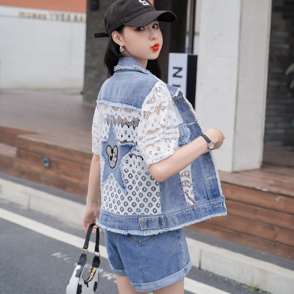 Áo Sơ Mi Denim Tay Ngắn Phối Ren Dáng Rộng Phong Cách Hàn Quốc Thời Trang Mùa Hè 2023