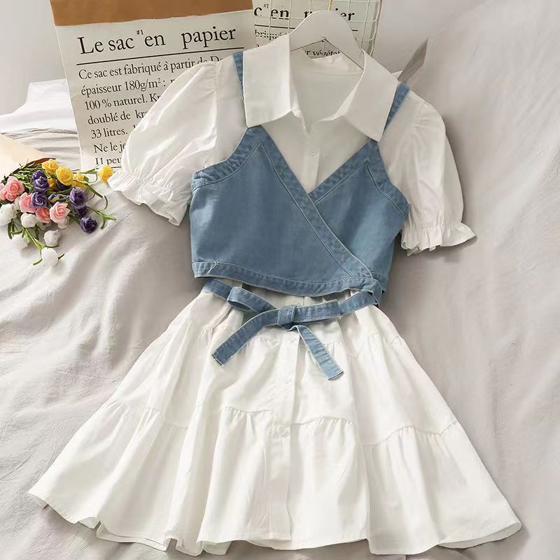 Set Áo Sơ Mi Tay Phồng Cổ Bẻ Phối Đầm Yếm Denim Thời Trang Hàn Quốc Cá Tính Cho Nữ