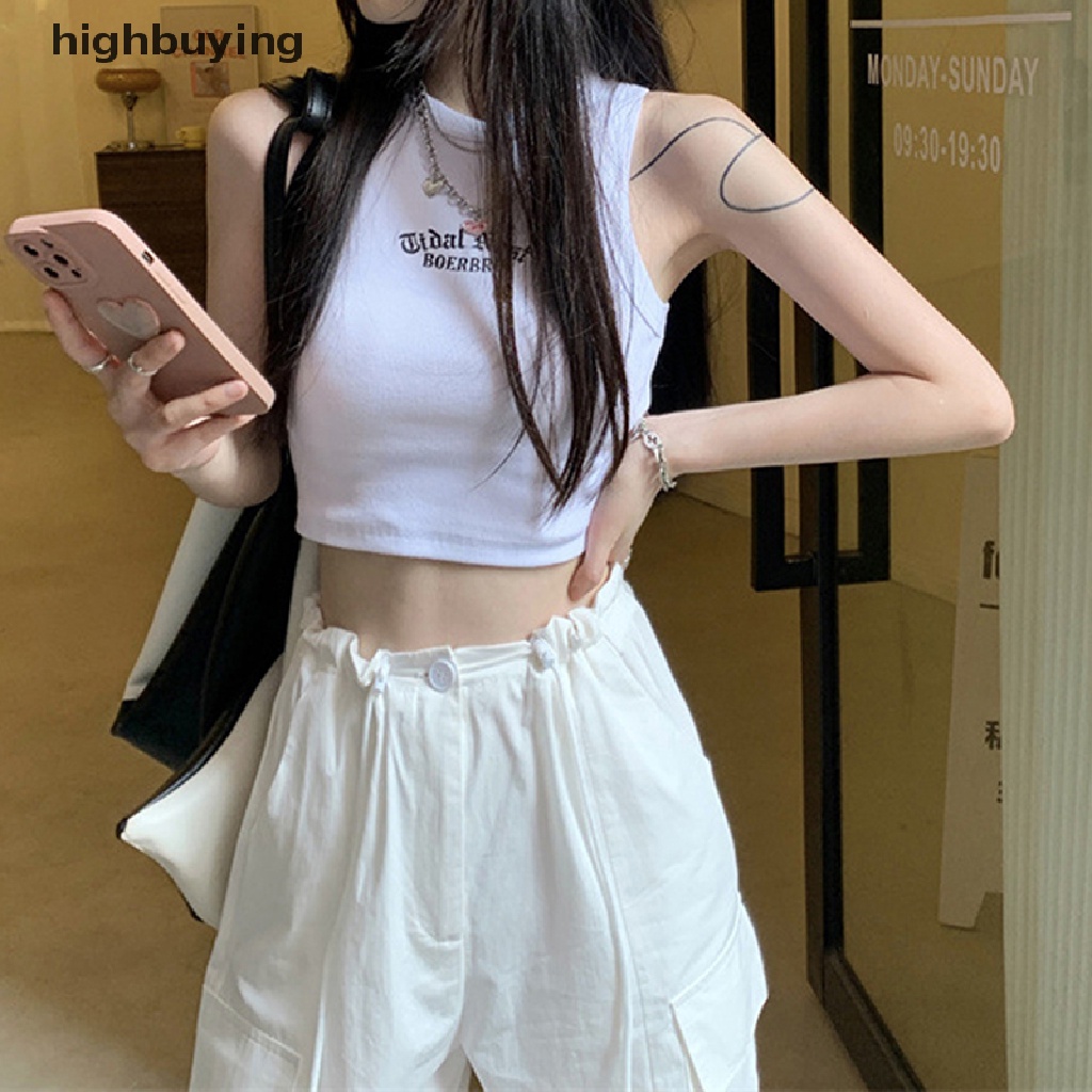 Áo Croptop Sát Nách Cổ Tròn Thêu Chữ Thời Trang Mùa Hè Cho Nữ