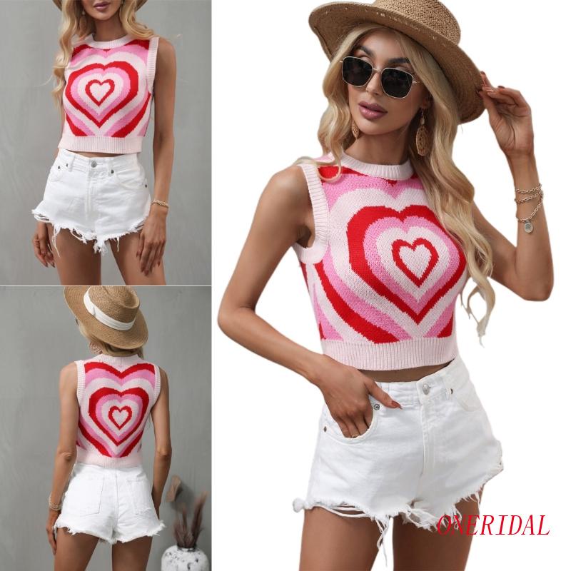 Áo Sweater Dệt Kim Không Tay Cổ Tròn In Hình Trái Tim Nhiều Màu Sắc Gợi Cảm Cho Nữ