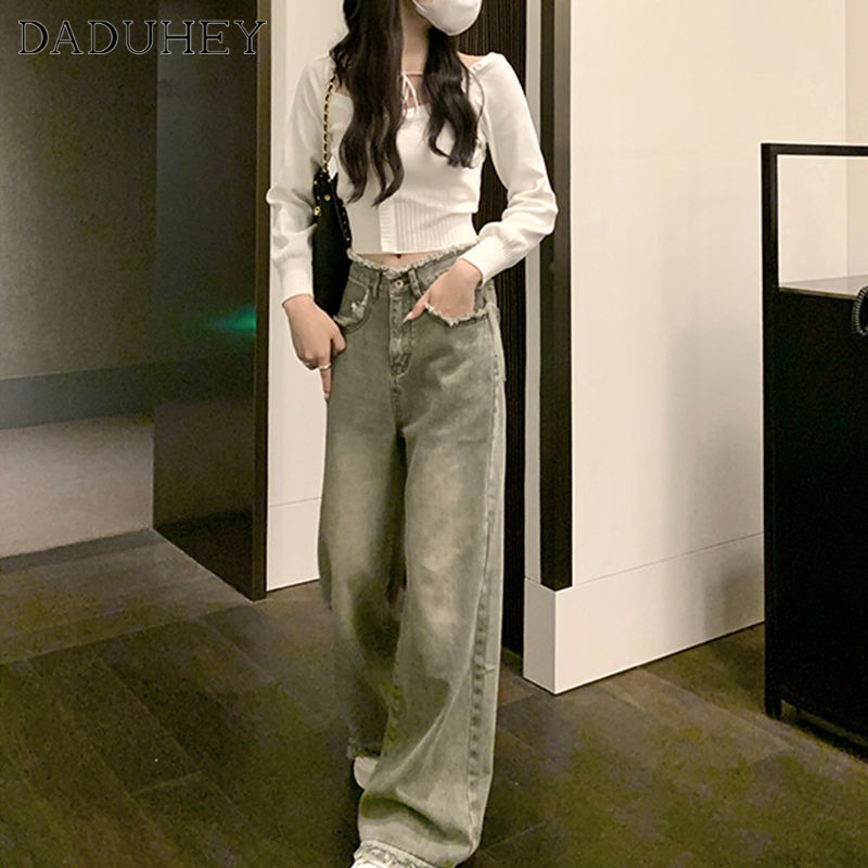Quần jean dài DADUHEY ống rộng lưng cao cổ điển phong cách Hàn Quốc thời trang dành cho nữ cỡ lớn
