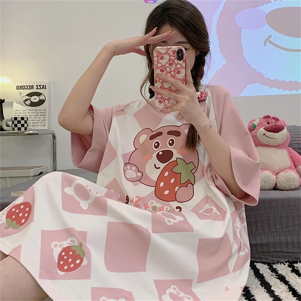 Đầm Ngủ Cotton Mỏng Mùa Hè Tay Cộc Cỡ Vừa Họa Tiết Gấu Dâu Hoạt Hình Dễ Thương Có Thể Đáng Yêu Cho Nữ / Học Sinh Ngoại Cỡ [RAIN]