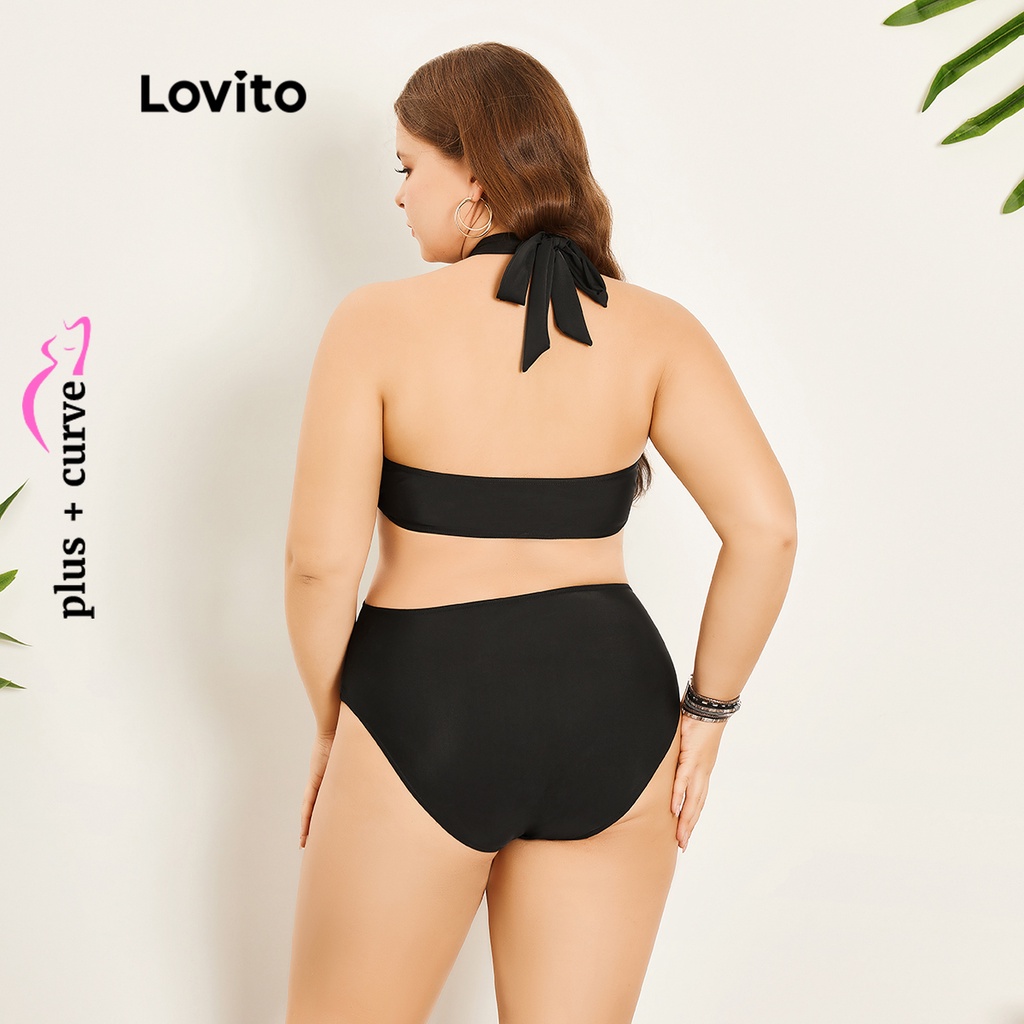 Đồ bơi Lovito một mảnh có đệm ngực cổ yếm vòng cắt xẻ xếp nếp sexy tôn đường cong size lớn cho nữ LPS07077 (Màu đen)