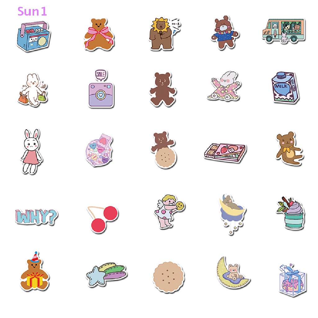 Bộ 50 Miếng Dán Chống Nắng Sun1 > 50 Miếng Dán Hình Gấu Kiểu Hàn Quốc Trang Trí Ván Trượt / Guitar / Laptop / Xe Máy Diy