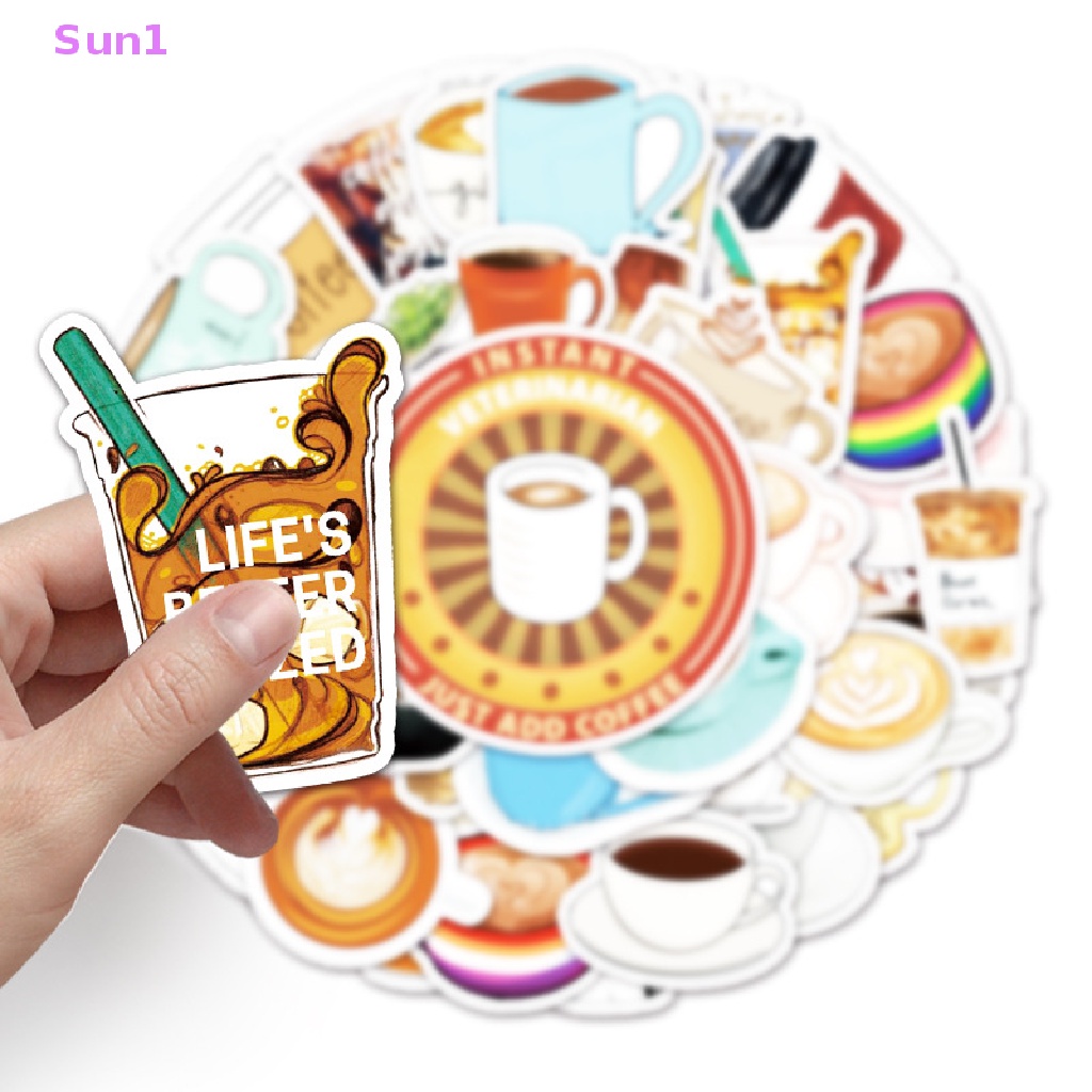 Set 50 Sticker Họa Tiết Cà Phê Hoạt Hình Trang Trí Laptop / Xe Scooter DIY