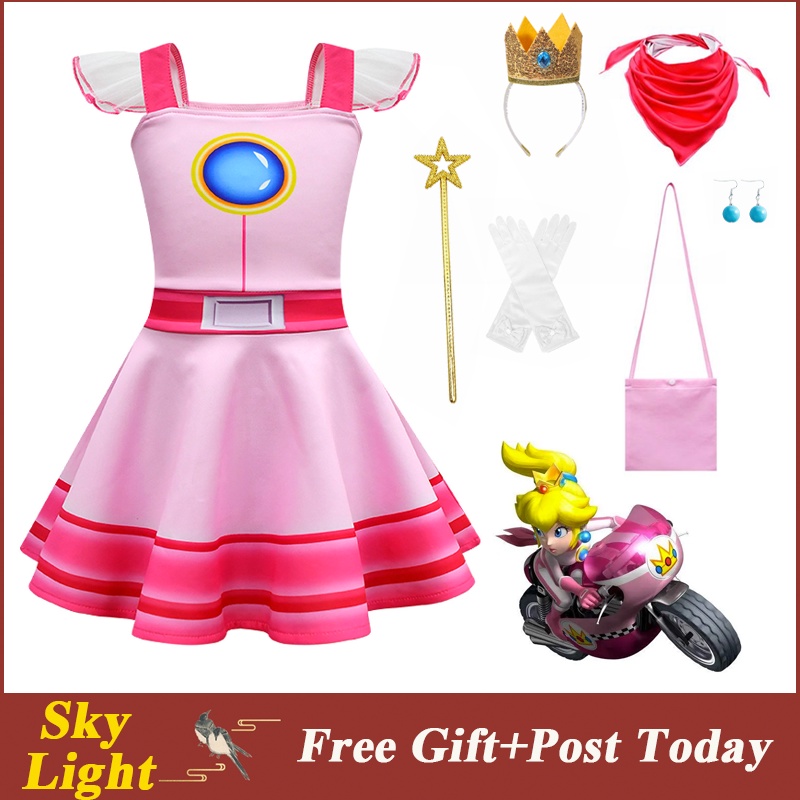 Bộ Đồ Ngủ Ngắn Tay Hóa Trang Super Mario Công Chúa Đào Cho Bé Gái