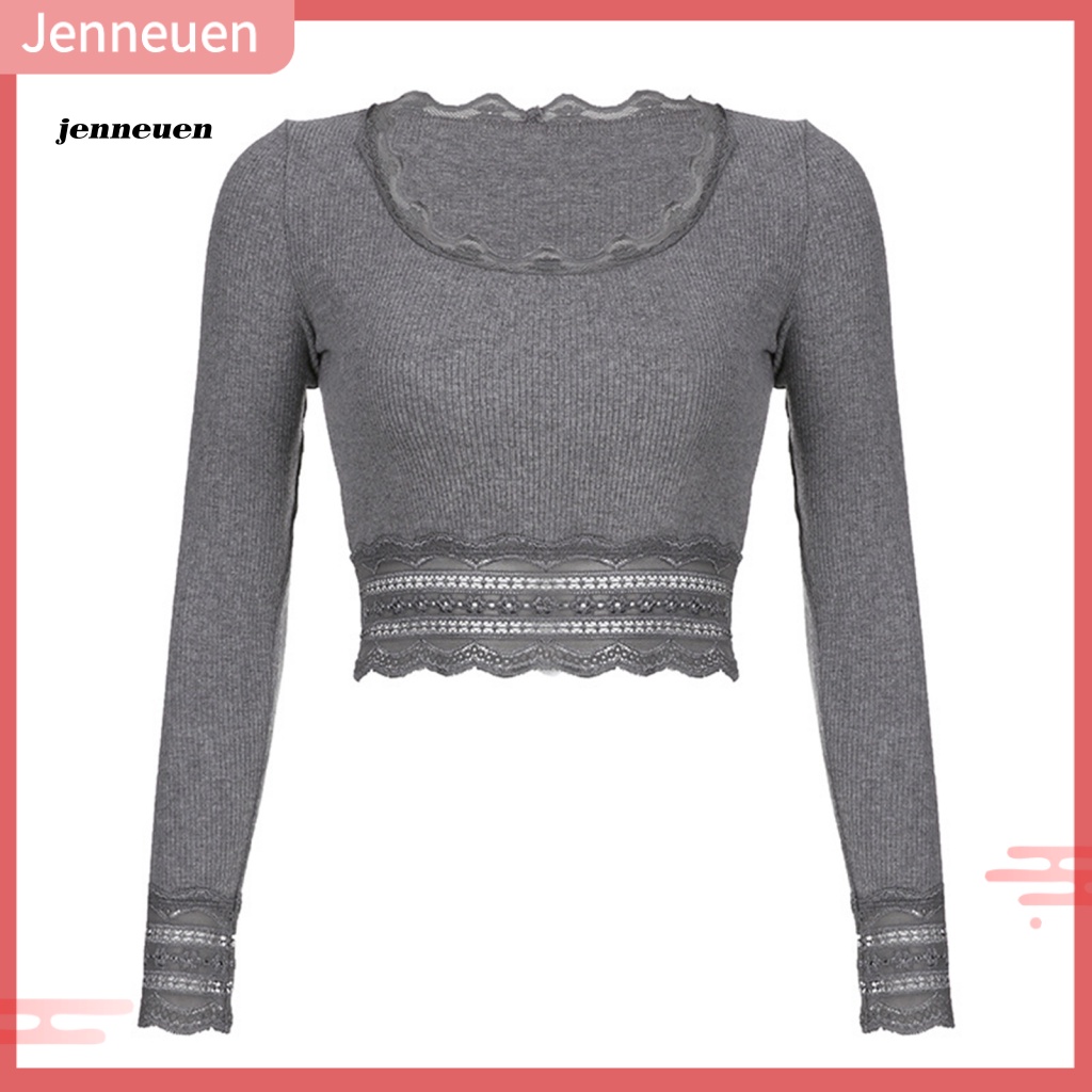 Áo Thun Crop Top Tay Dài Dáng Ôm Viền Ren Gợi Cảm Cho Bạn Gái