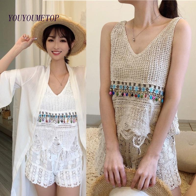 Youyo Áo Sweater Dệt Kim Không Tay Khoét Rỗng Nhiều Màu Sắc Có Tua Rua Cho Nữ