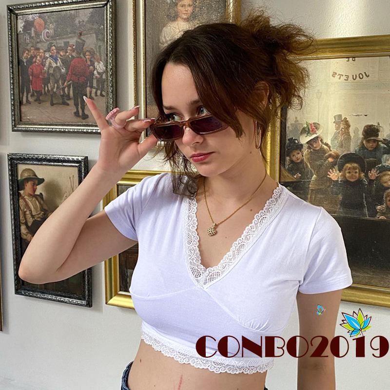 Áo Thun Crop Top Tay Ngắn Cổ Chữ V Phối Ren Thời Trang Mùa Hè Cho Nữ