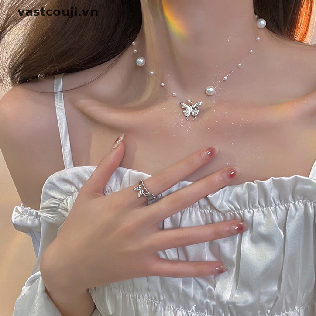 Vòng cổ Kim Loại Mặt Bướm Đính Ngọc Trai Thời Trang Cho Nữ