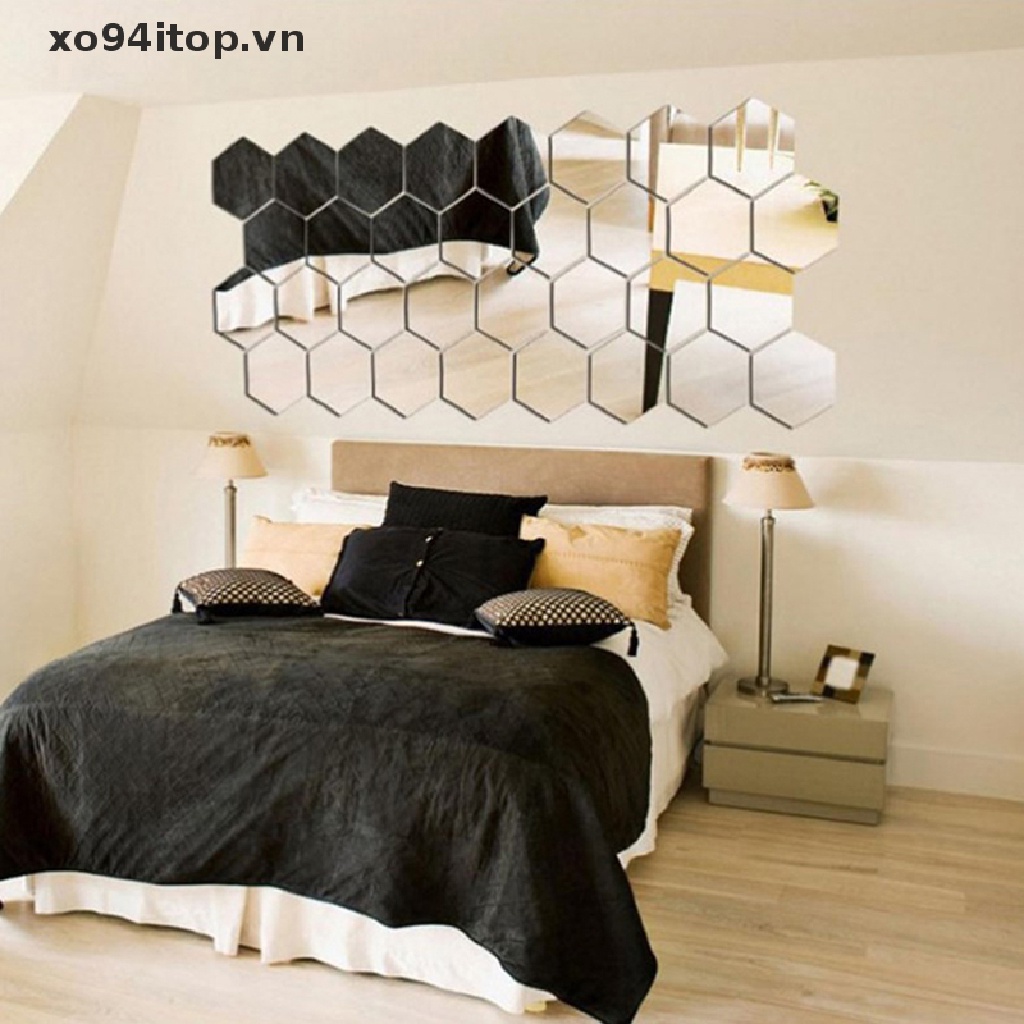 Set 12 Đề Can Vinyl Hình Lục Giác Tráng Gương 3D DIY Trang Trí Nhà Cửa Có Thể Tháo Gỡ