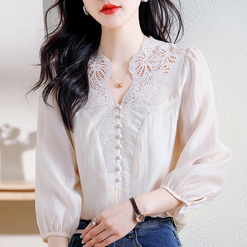 Áo Chiffon Tay Ba Mảnh Phối Ren Thêu Họa Tiết Công Nghiệp Cao Cấp Thời Trang Mùa Xuân 2023 Hàng Mới Dành Cho Bạn Nữ