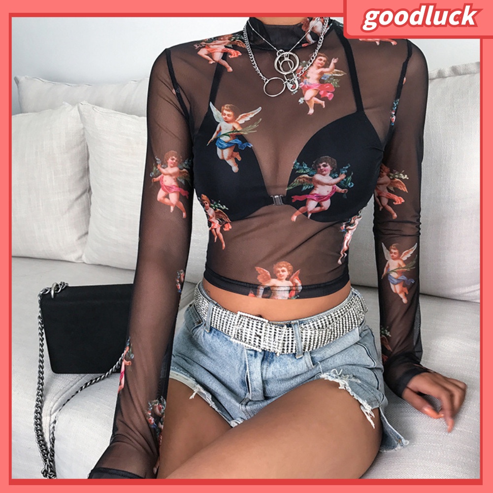 [ULK] Áo Crop Top Tay Dài Cổ Cao Xuyên Thấu Mềm Mại Quyến Rũ Cho Nữ