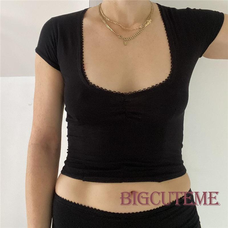 Áo Croptop Tay Ngắn Cổ Vuông Màu Đen Thời Trang Mùa Hè Cho Nữ