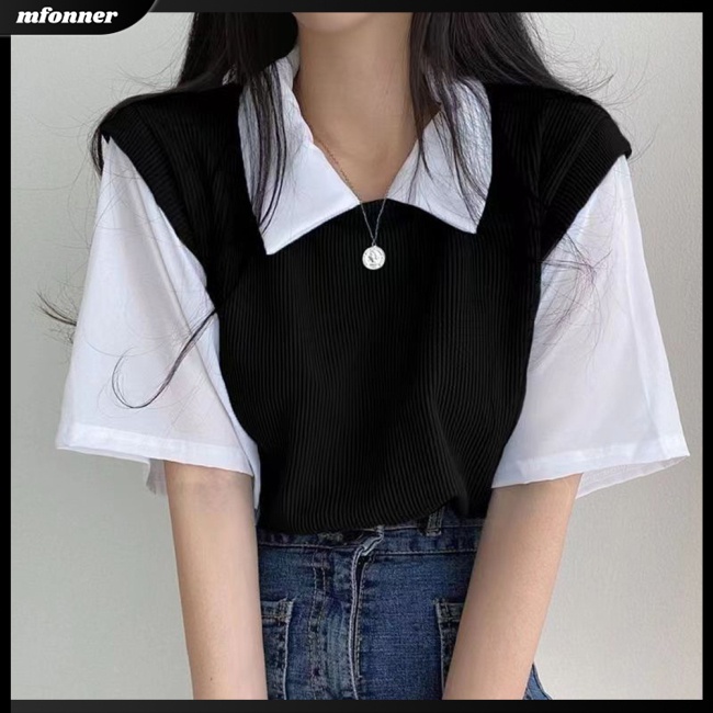 Áo Sơ Mi Tay Ngắn Dáng Rộng Màu Sắc Tương Phản Thời Trang Mùa Hè Thoáng Khí Cho Nữ