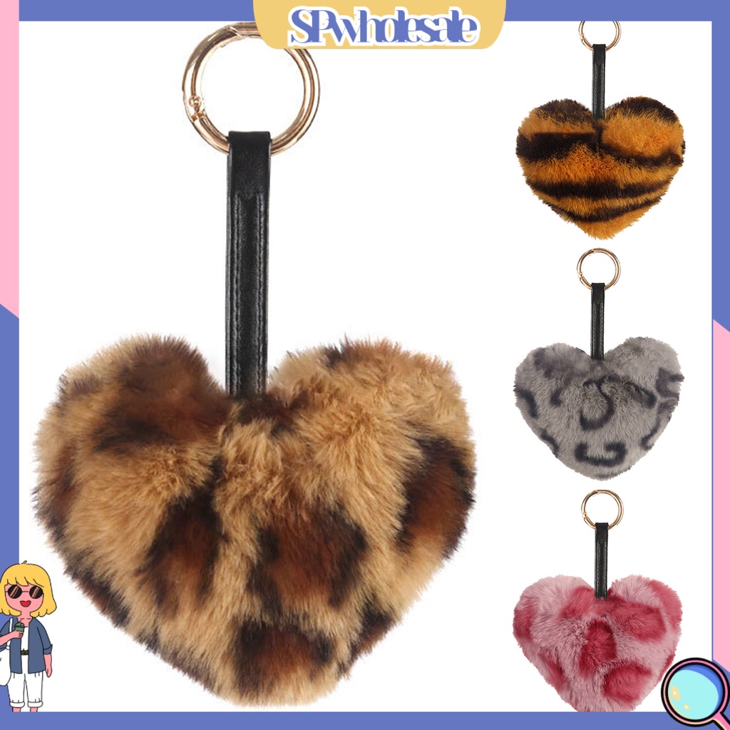 <SPwholesale> Móc Khóa Hình Trái Tim Họa Tiết Da Báo Bằng Lông Nhung Thời Trang