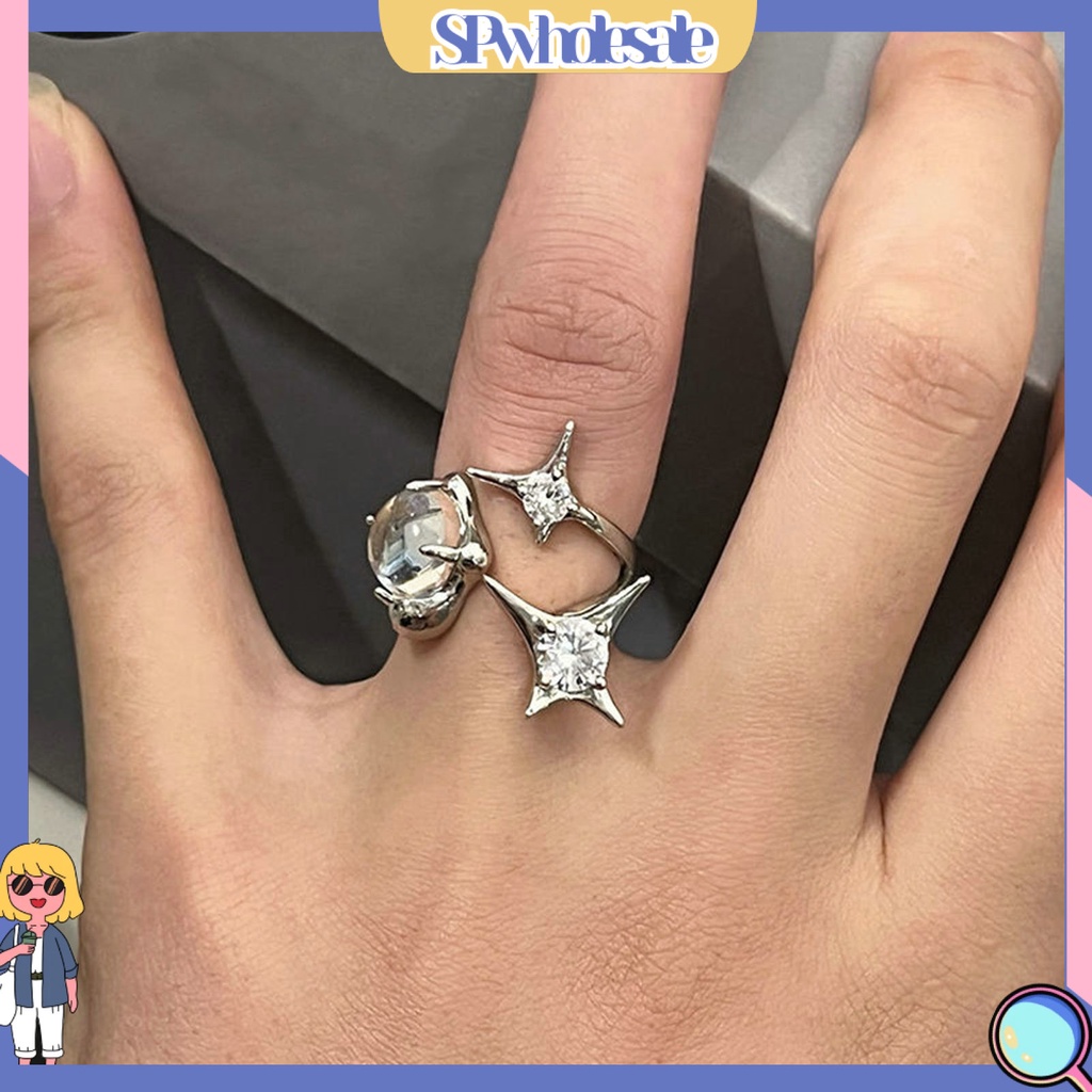 <SPwholesale> Nhẫn Dạng Hở Mạ Điện Sáng Bóng Đính Đá Giả Kim Cương Sáng Điều Chỉnh Được Trang Sức Cho Nữ