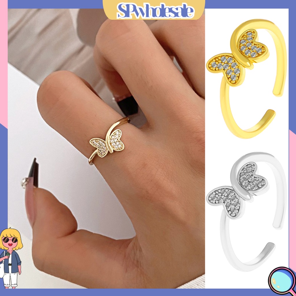 <SPwholesale> Nhẫn Hở Hình Học Đính Đá Hình Bướm Lấp Lánh Có Thể Điều Chỉnh Trang Trí Thời Thượng < Spwholeale >