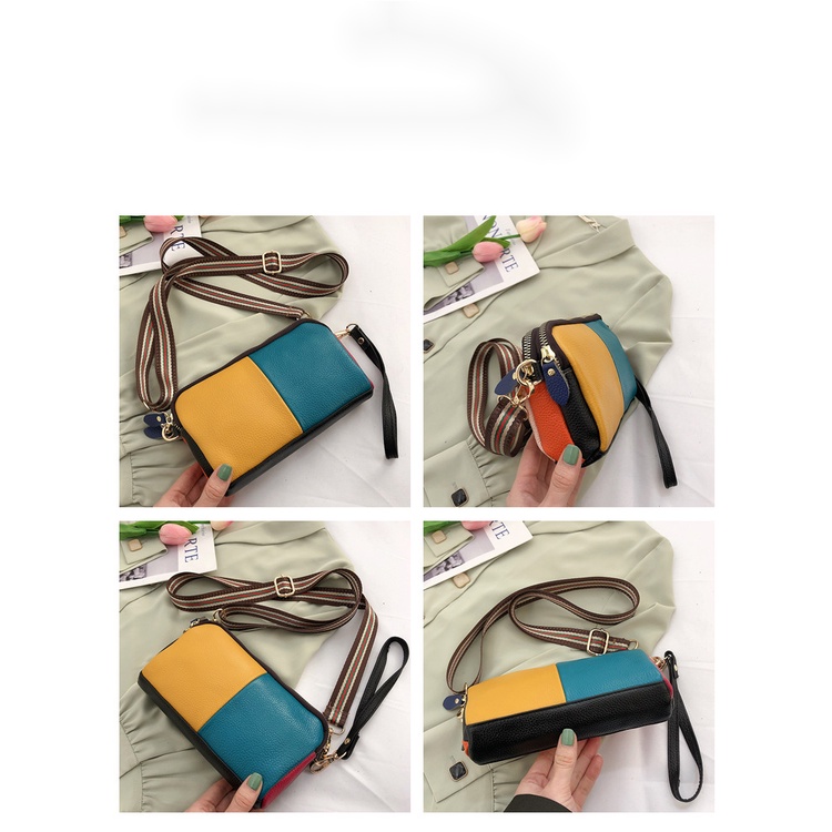 Túi Xách Da Bò Nhỏ Xinh Phối Màu Tương Phản Thời Trang Cho Nữ