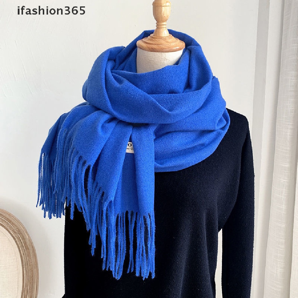 Khăn Choàng Cổ Dệt Kim Dày Dặn Màu Trơn Đính Tua Rua Thời Trang Mùa Đông Cho Nữ [ifashion365]