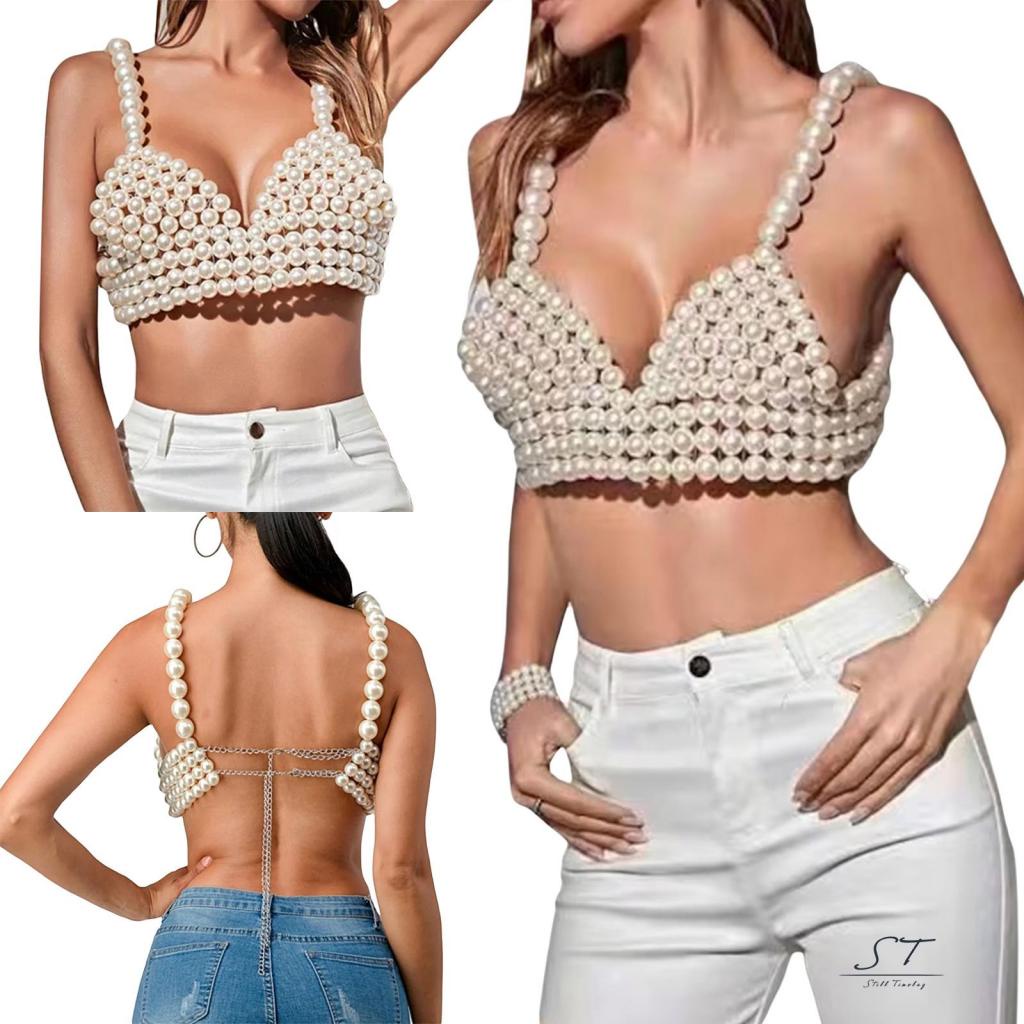 Áo Hai Dây Cổ Chữ V Sâu Hở Lưng Màu Trơn Đính Ngọc Trai Thời Trang Mùa Hè CY03 Cho Bạn Gái