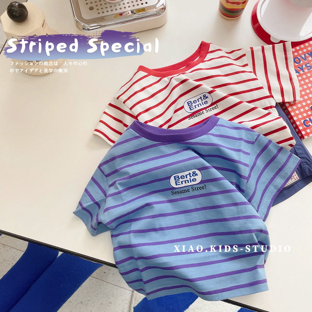 Áo Thun Cotton Tay Ngắn Cổ Tròn Họa Tiết Kẻ Sọc Thời Trang Mùa Hè Cho Bé