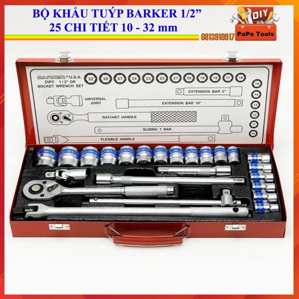 BỘ TUÝP KHẨU 25 CHI TIẾT 1/2” BARKER, 10-32mm đầu lục, Cần siết tự động, cần trượt kéo, cần lắc léo