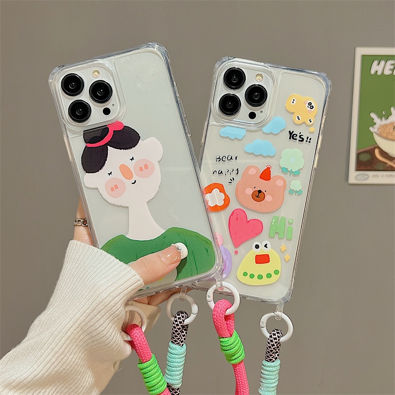 Ốp Điện Thoại Tpu Dẻo Trong Suốt Họa Tiết Hoạt Hình Đơn Giản Chống Sốc Kèm Dây Đeo Cho iphone 12 14 13 11 Pro Max