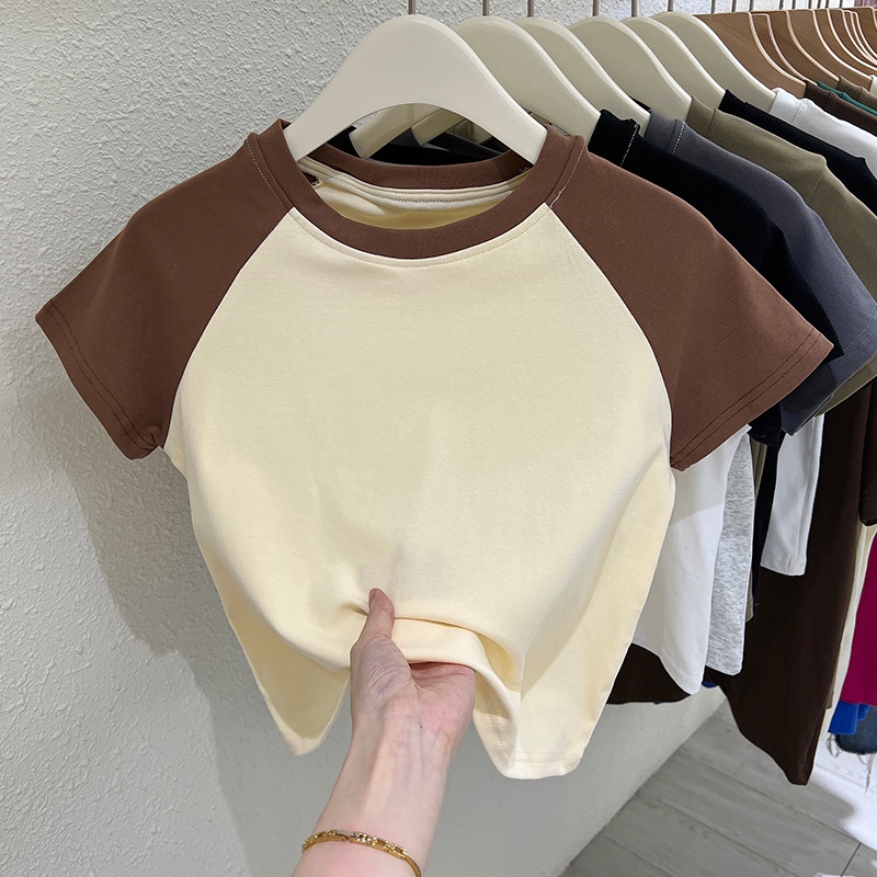 SUXI Áo Thun Cotton Cổ Tròn Dáng Ôm Màu Sắc Tương Phản Thời Trang Mùa Hè Dành Cho Nữ