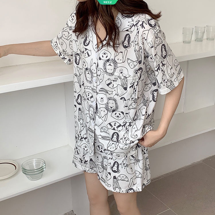 Bộ Đồ Ngủ Tay Ngắn In Họa Tiết Hoạt Hình Động Vật Dễ Thương Thời Trang Mùa Hè 2023 Cho Nữ