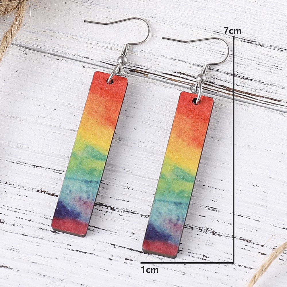 Khuyên Tai Mặt Gỗ Hình Học Họa Tiết Tranh Sơn Dầu Màu Gradient Cầu Vồng Phong Cách Vintage Yanqueens