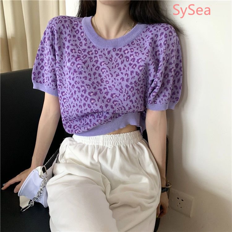 Áo Dệt Kim Cổ Tròn Dáng Rộng Họa Tiết Da Báo Cá Tính Cho Nữ