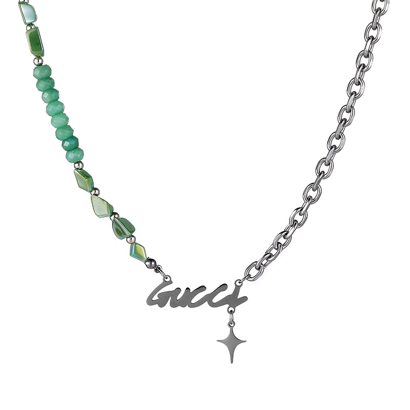 Vòng cổ Thép Titan Đính Đá Ngọc Bích Phong Cách hip hop Thời Trang Cho Nam Và Nữ