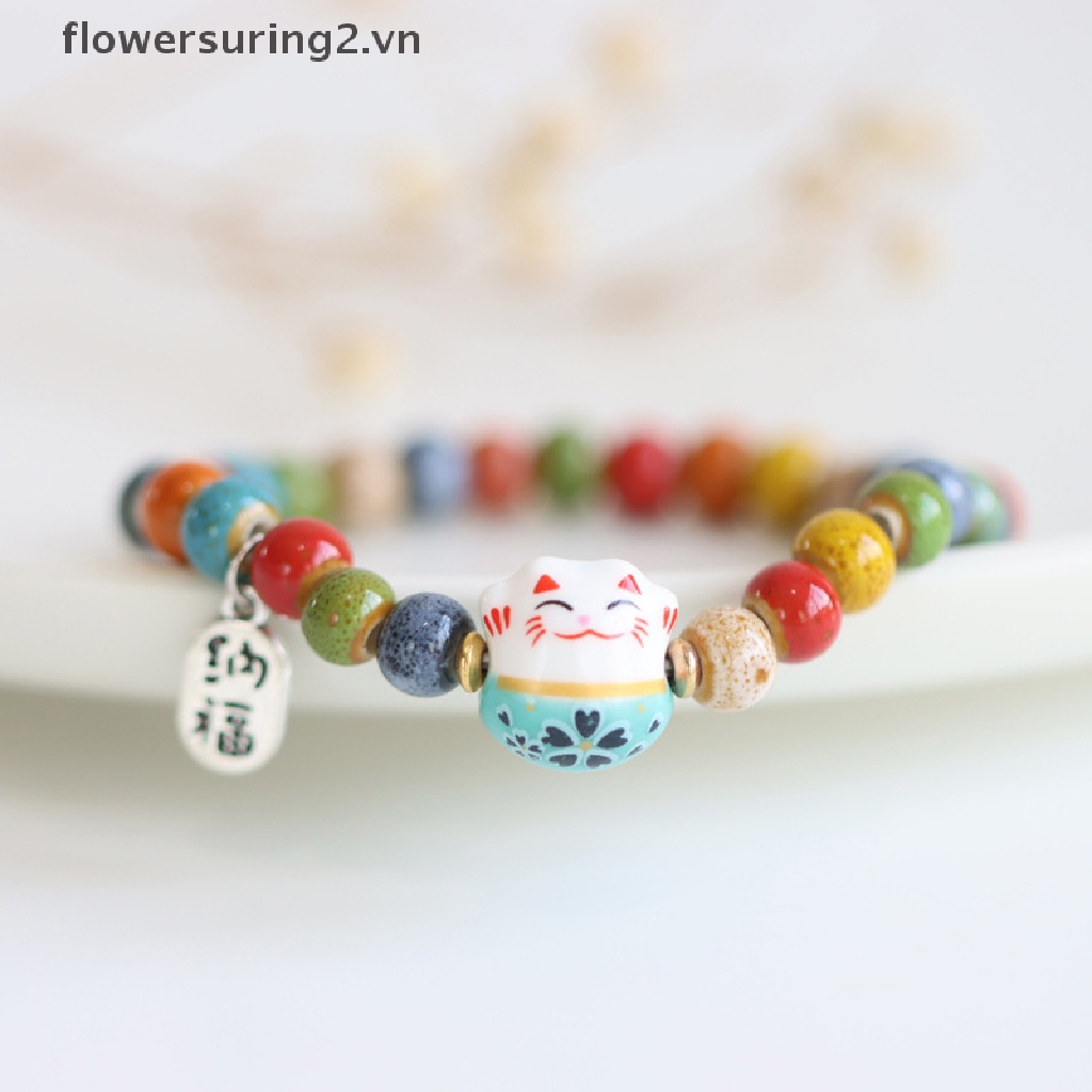 Vòng Tay Mặt Hình Mèo May Mắn Bằng Sứ Dễ Thương