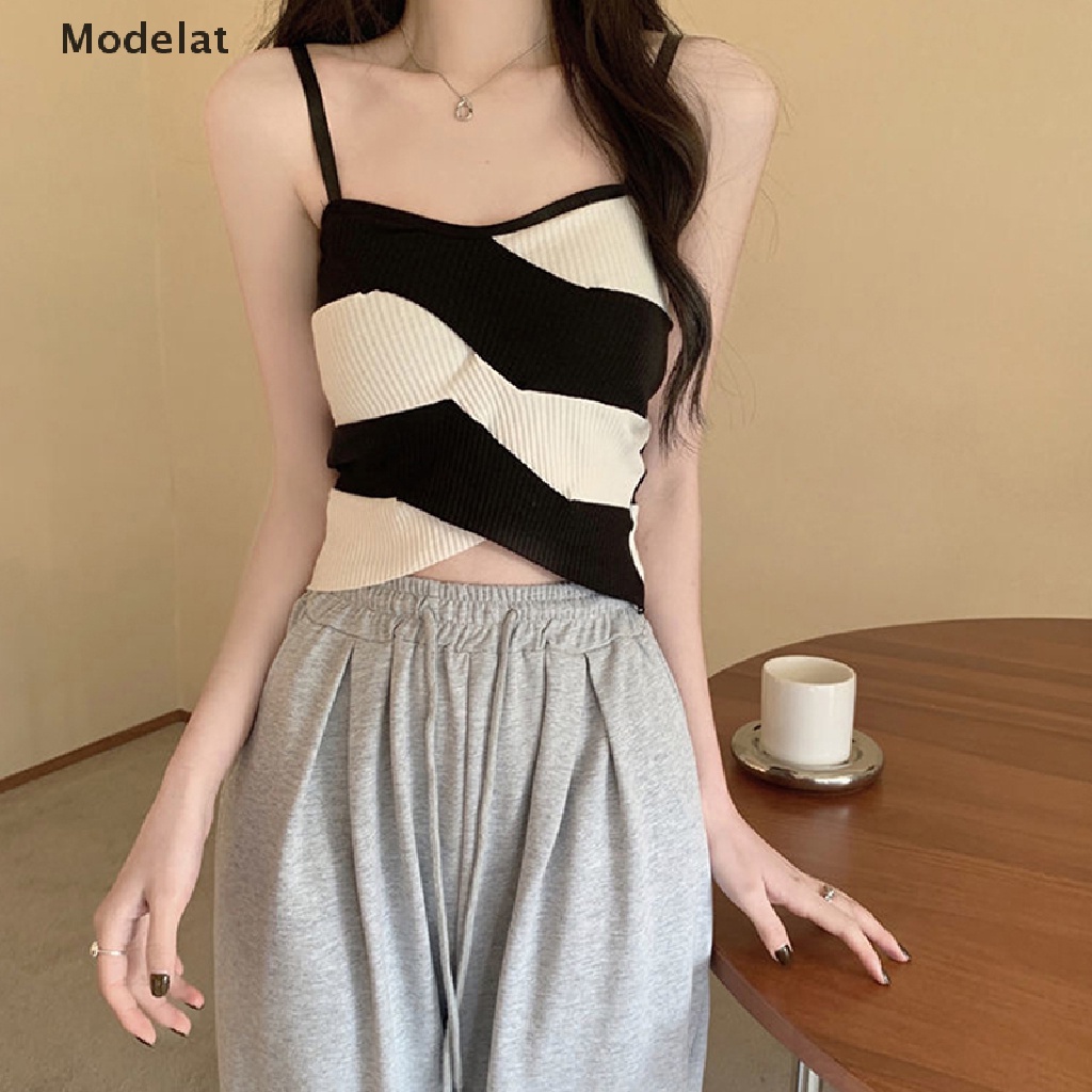 Áo Croptop Dệt Kim Không Tay Dáng Ôm Họa Tiết Kẻ Sọc Màu Sắc Thời Trang Mùa Hè Quyến Rũ Cho Nữ