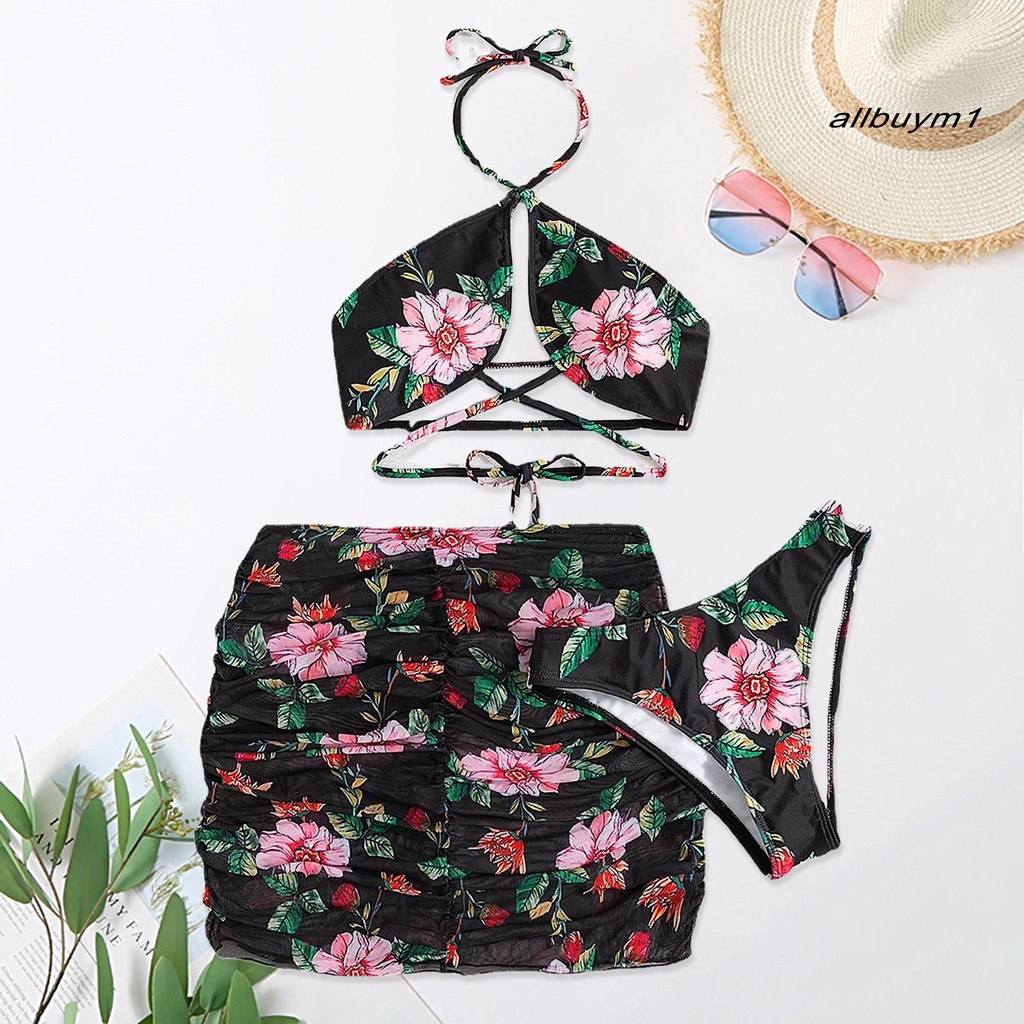 Bộ Đồ Bơi 3 Mảnh Gồm Áo Quấn Quanh Cổ Yếm Và Chân Váy In Họa Tiết Hoa Phong Cách Thể Thao Thời Trang Quyến Rũ Cho Nữ
