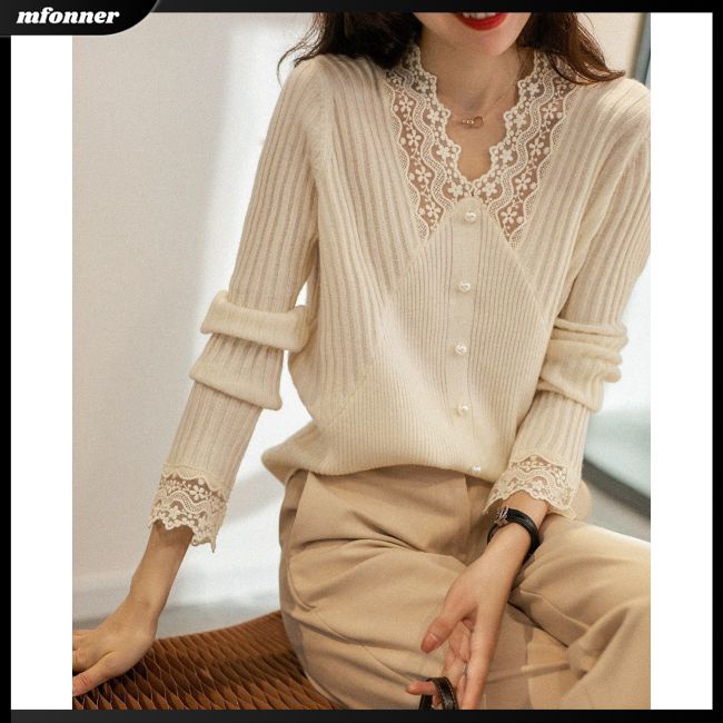 Áo Dệt Kim Nữ Tay Dài Cổ Chữ V Phối Ren Màu Trơn Thời Trang