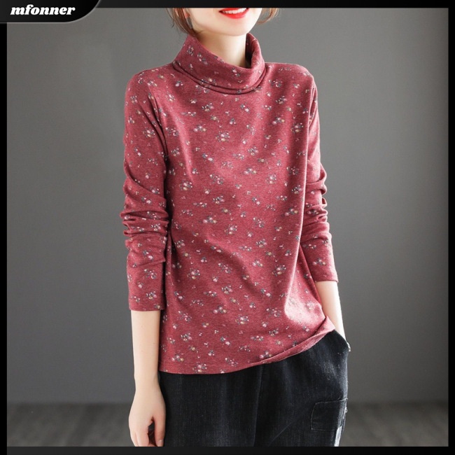 Áo Kiểu Tay Dài Cổ Lọ In Họa Tiết Dễ Thương Phong Cách Cổ Điển Thời Trang Cho Nữ