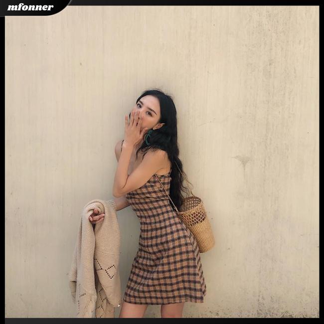 Đầm Hai Dây Dáng Chữ A Họa Tiết Sọc Caro Phong Cách Retro Thời Trang Mùa Hè Cho Nữ