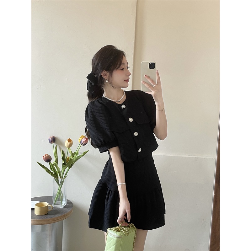 SUXI Set Áo Tay Phồng Ôm Dáng + Chân Váy Ngắn Lưng Cao Thời Trang Cho Nữ