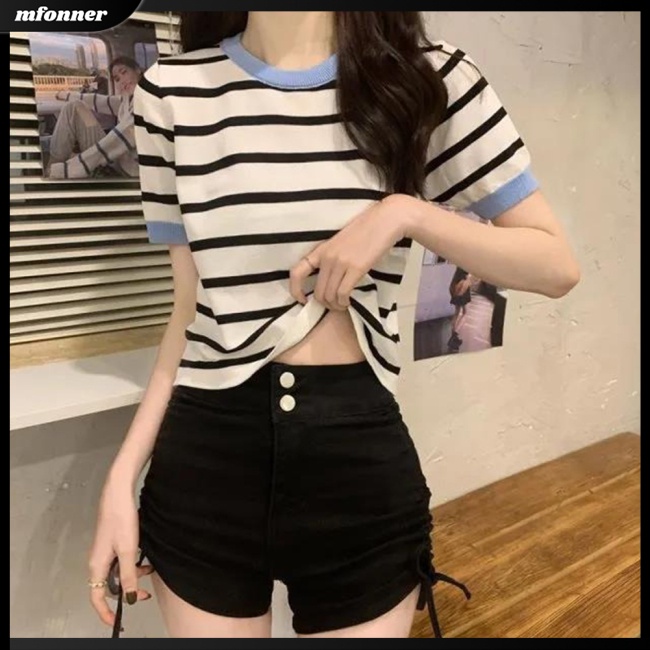 Áo Thun Tay Ngắn Cổ Tròn Họa Tiết Kẻ Sọc Nhiều Màu Sắc Thời Trang Mùa Hè Cho Nữ