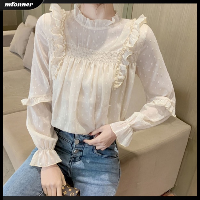 Áo Sơ Mi Chiffon Tay Dài Ống Loe Cổ Đứng Màu Trơn Thời Trang Cho Nữ