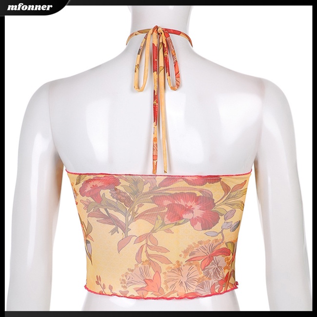 Áo Tank Top Sát Nách Phối Lưới Thoáng Khí In Họa Tiết Hoa Thời Trang Đường Phố Cho Nữ