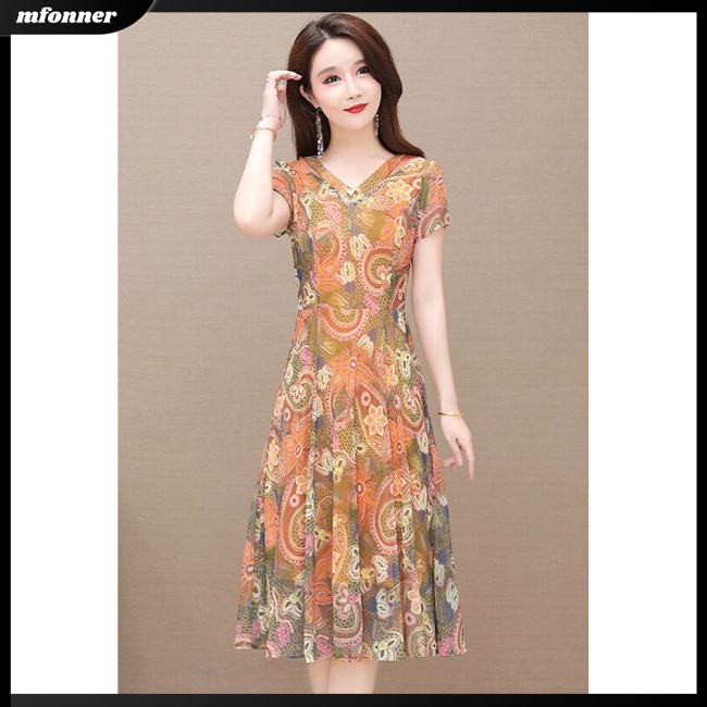 Đầm Tay Ngắn Cổ Chữ V Ôm Eo Xếp Ly Thoải Mái In Họa Tiết Hoa Nhiều Màu Sắc Ngọt Ngào Thời Trang Cho Nữ