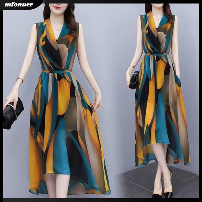 Đầm Dài Qua Gối Không Tay Cổ Chữ V In Họa Tiết Phong Cách Phương Tây Lãng Mạn Dành Cho Nữ