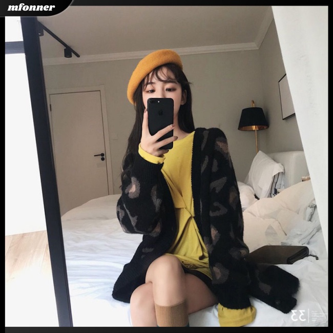 Áo Khoác Cardigan Dệt Kim Mỏng Tay Dài Dáng Rộng In Họa Tiết Da Báo Cá Tính Cho Nữ