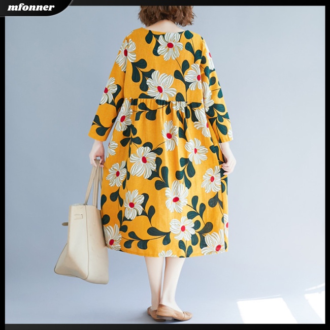 Đầm Dáng Rộng Dài Qua Gối In Họa Tiết Thổ Cẩm Plus Size Cho Nữ