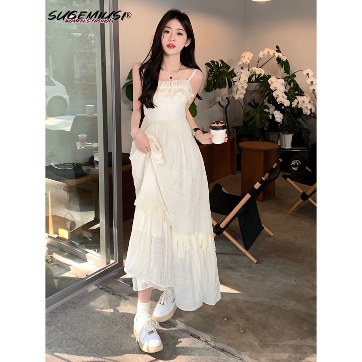 Sugemiusi Nấm Viền Váy Hai Dây Dáng Dài Ôm Eo Phong Cách Pháp Ngọt Ngào Thời Trang Mùa Hè Thiết Kế Siêu Thần Tiê