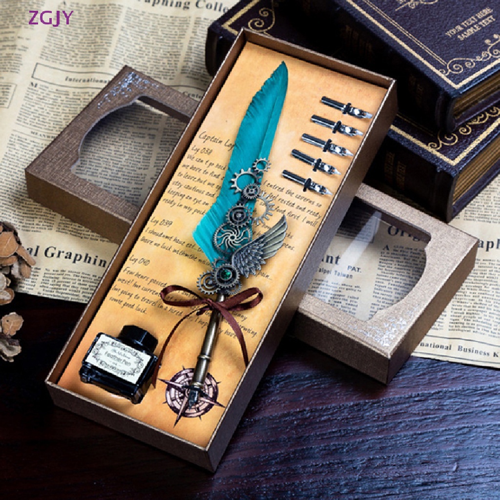 1 Set Bút Mực Nước Bằng Kim Loại Hình Lông Vũ Phong Cách Cổ Điển Mới